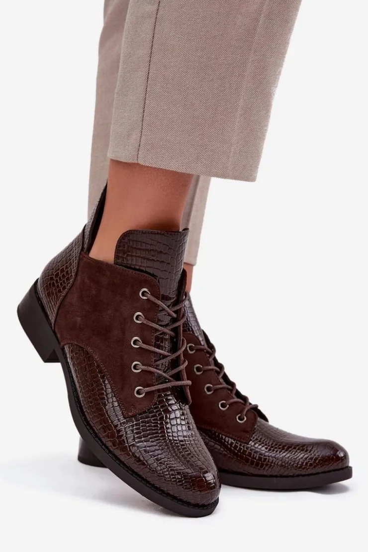 Sale Buty damskie Vinceza Lakierowane Botki Damskie Z Ozdobnym Tłoczeniem Ocieplane Vinceza 16477 Brązowe