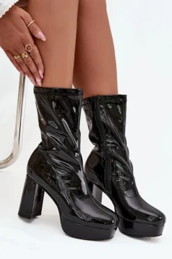 Boto Botki Ocieplane|Botki Na Słupku*Lakierowane Botki Damskie Na Platformie I Słupkowym Obcasie Czarne Calvessa Czarny