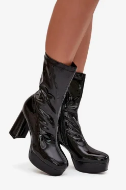 Boto Botki Ocieplane|Botki Na Słupku*Lakierowane Botki Damskie Na Platformie I Słupkowym Obcasie Czarne Calvessa Czarny