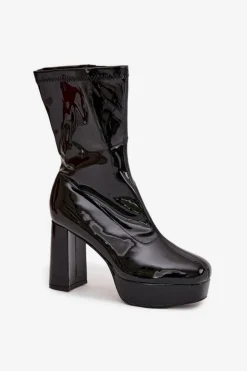 Boto Botki Ocieplane|Botki Na Słupku*Lakierowane Botki Damskie Na Platformie I Słupkowym Obcasie Czarne Calvessa Czarny