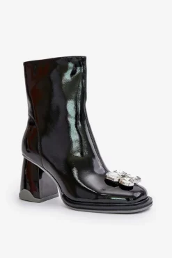 Damskie buty S.Barski Botki Ocieplane|Botki Na Obcasie*Lakierowane Botki Damskie Na Słupku Z Ozdobą D&A MR880-019 Czarne Czarny