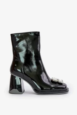 Damskie buty S.Barski Botki Ocieplane|Botki Na Obcasie*Lakierowane Botki Damskie Na Słupku Z Ozdobą D&A MR880-019 Czarne Czarny