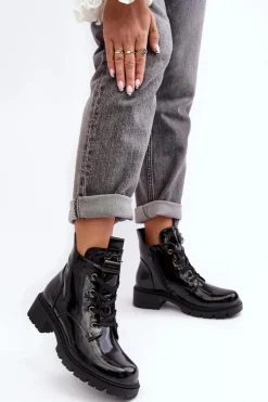Damskie Damskie buty S.Barski Lakierowane Botki Damskie Na Suwak S.Barski HY93-91 Czarne