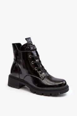 Damskie Damskie buty S.Barski Lakierowane Botki Damskie Na Suwak S.Barski HY93-91 Czarne