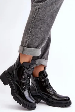 Damskie Damskie buty S.Barski Lakierowane Botki Damskie Na Suwak S.Barski HY93-91 Czarne