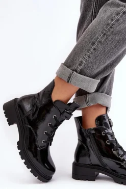 Damskie Damskie buty S.Barski Lakierowane Botki Damskie Na Suwak S.Barski HY93-91 Czarne