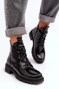 Damskie Damskie buty S.Barski Lakierowane Botki Damskie Na Suwak S.Barski HY93-91 Czarne
