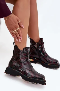 Damskie Artiker Lakierowane Botki Damskie Z Naturalnej Skóry Ocieplane 57C0165 Bordowe