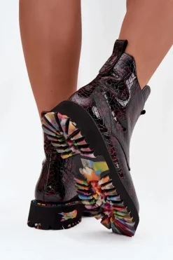 Damskie Artiker Lakierowane Botki Damskie Z Naturalnej Skóry Ocieplane 57C0165 Bordowe