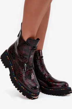 Damskie Artiker Lakierowane Botki Damskie Z Naturalnej Skóry Ocieplane 57C0165 Bordowe