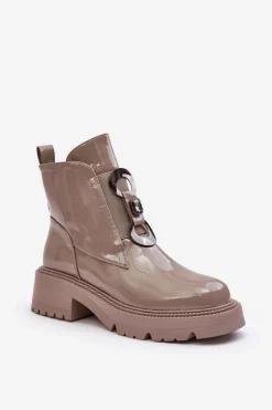 Damskie buty S.Barski Brązowe I Beżowe Botki|Botki Płaskie*Lakierowane Botki Damskie Z Ozdobą Beżowe S.Barski MR870-53