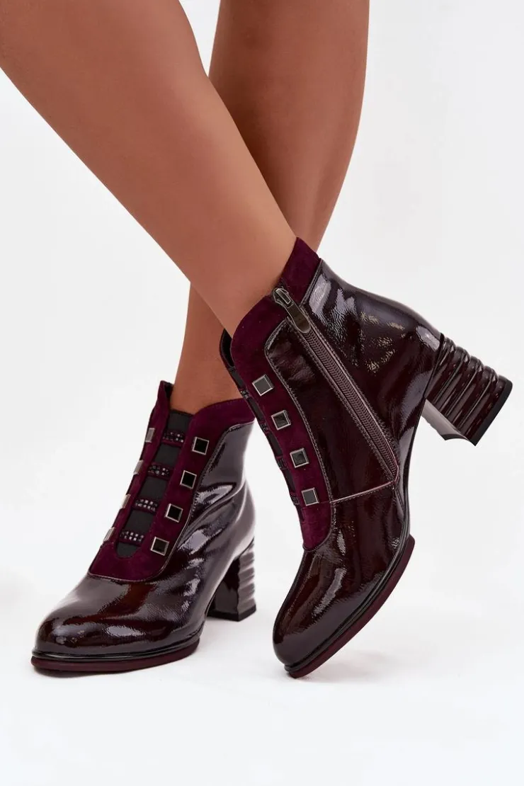 Online D&A Lakierowane Botki Damskie Z Naturalnej Skóry Na Słupku CR52-696 Bordowe Czerwony