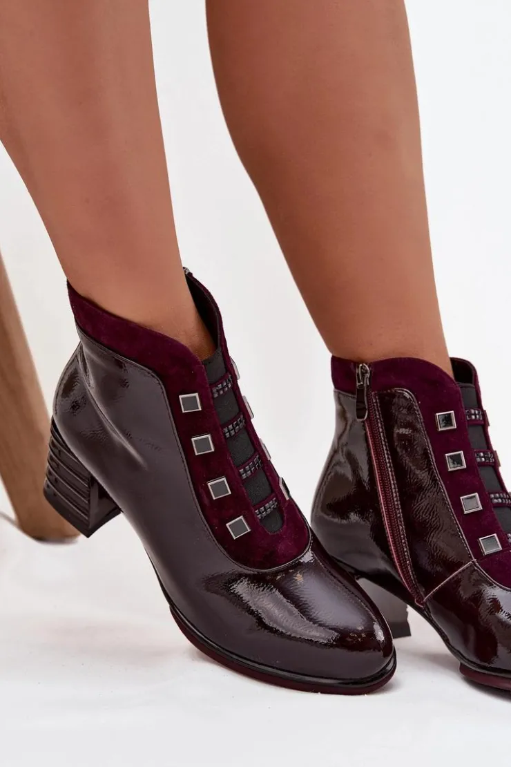 Online D&A Lakierowane Botki Damskie Z Naturalnej Skóry Na Słupku CR52-696 Bordowe Czerwony