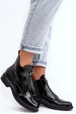 Damskie buty S.Barski Czarne Botki|Botki Płaskie*Lakierowane Botki Damskie Na Płaskim Obcasie Ocieplane Czarne S.Barski HY75-120 Czarne