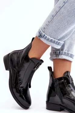 Damskie buty S.Barski Czarne Botki|Botki Płaskie*Lakierowane Botki Damskie Na Płaskim Obcasie Ocieplane Czarne S.Barski HY75-120 Czarne