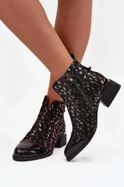 D&A Botki Ocieplane|Czarne Botki*Lakierowane Botki Damskie Z Naturalnej Skóry Na Niskim Obcasie LZ52-960 Czarne