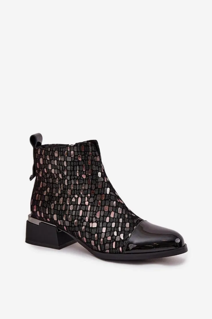 D&A Botki Ocieplane|Czarne Botki*Lakierowane Botki Damskie Z Naturalnej Skóry Na Niskim Obcasie LZ52-960 Czarne