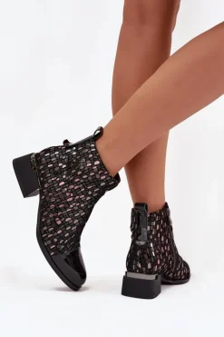 D&A Botki Ocieplane|Czarne Botki*Lakierowane Botki Damskie Z Naturalnej Skóry Na Niskim Obcasie LZ52-960 Czarne