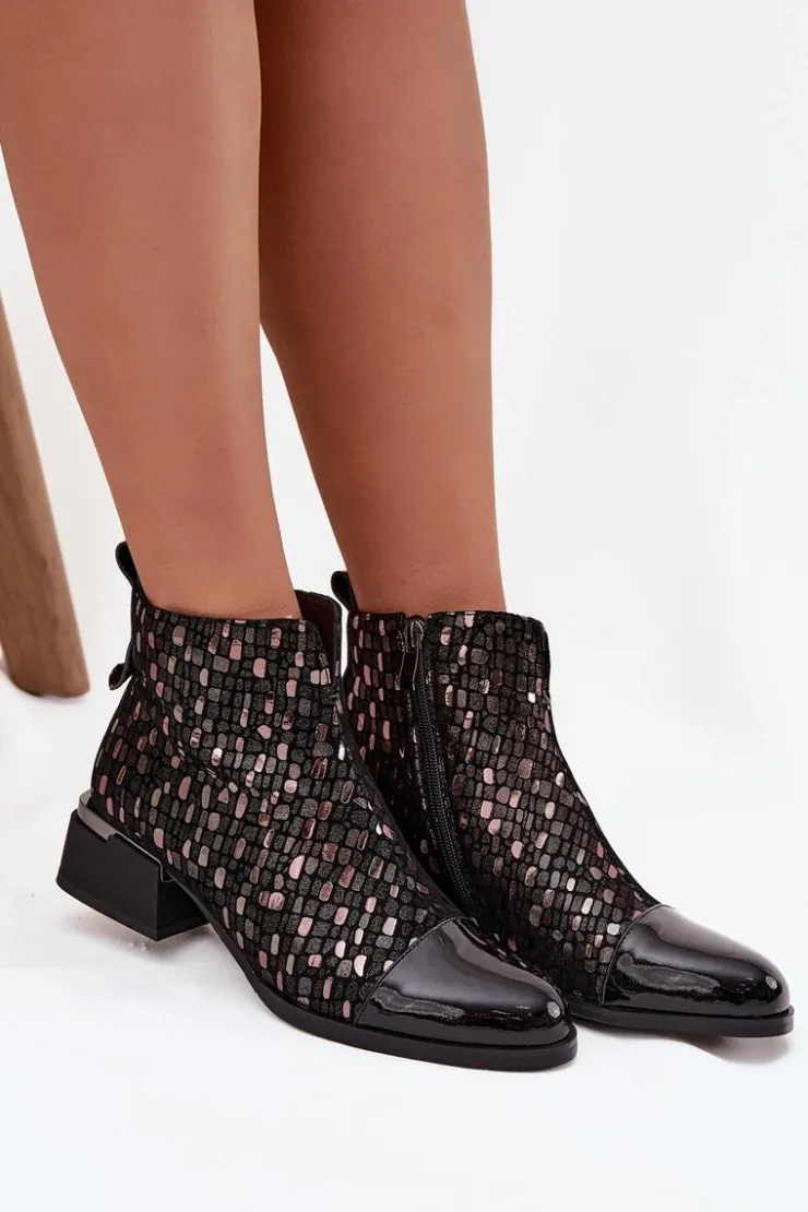 D&A Botki Ocieplane|Czarne Botki*Lakierowane Botki Damskie Z Naturalnej Skóry Na Niskim Obcasie LZ52-960 Czarne