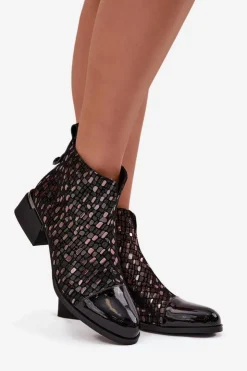 D&A Botki Ocieplane|Czarne Botki*Lakierowane Botki Damskie Z Naturalnej Skóry Na Niskim Obcasie LZ52-960 Czarne