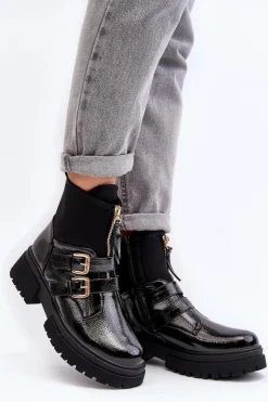 New Boto Lakierowane Botki Damskie Na Płaskim Obcasie Czarne Rellisa