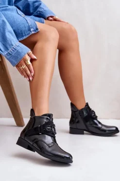 Hot Damskie buty S.Barski Lakierowane Botki Damskie Z Ozdobą Ocieplane S.Barski HY42-021 Czarne