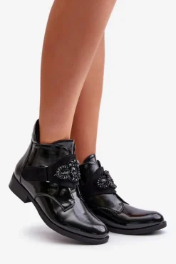 Hot Damskie buty S.Barski Lakierowane Botki Damskie Z Ozdobą Ocieplane S.Barski HY42-021 Czarne