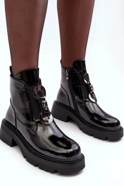 Damskie Damskie buty S.Barski Lakierowane Botki Damskie Z Ozdobą Czarne S.Barski MR870-53