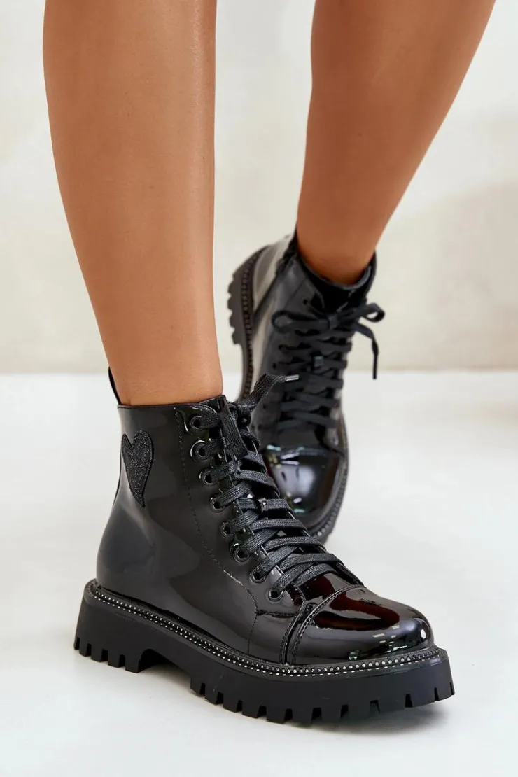 Online Boto Lakierowane Botki Damskie Na Zamek Z Ozdobnym Sercem Czarne Obeena