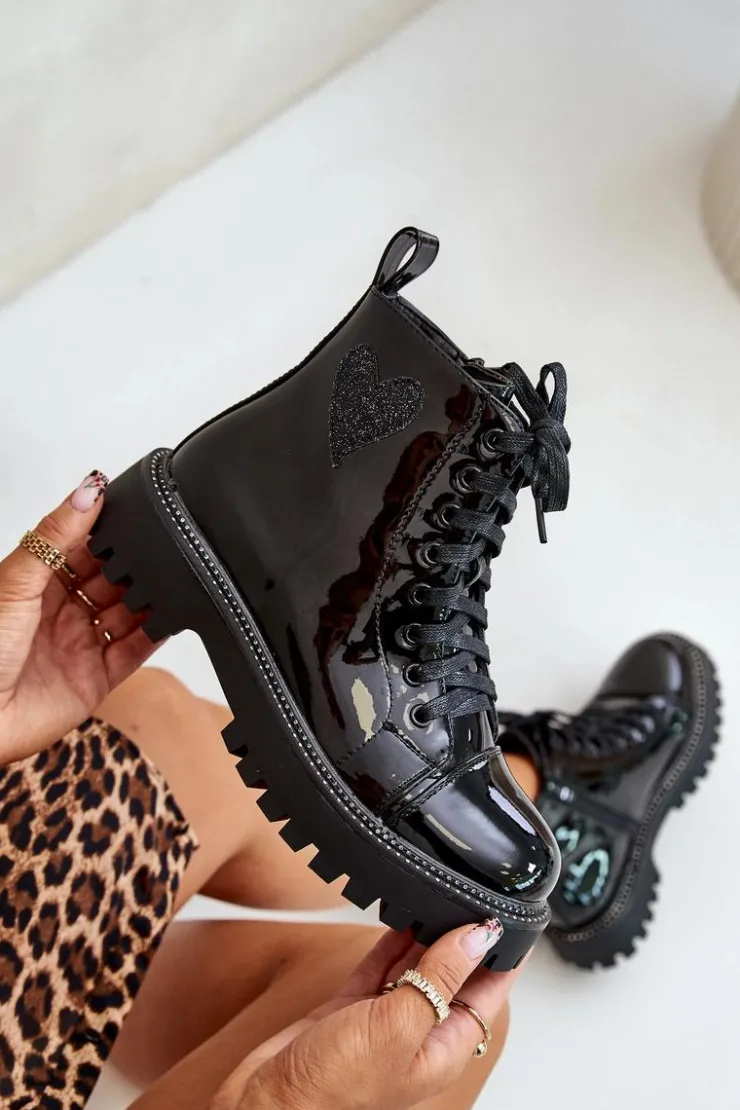 Online Boto Lakierowane Botki Damskie Na Zamek Z Ozdobnym Sercem Czarne Obeena