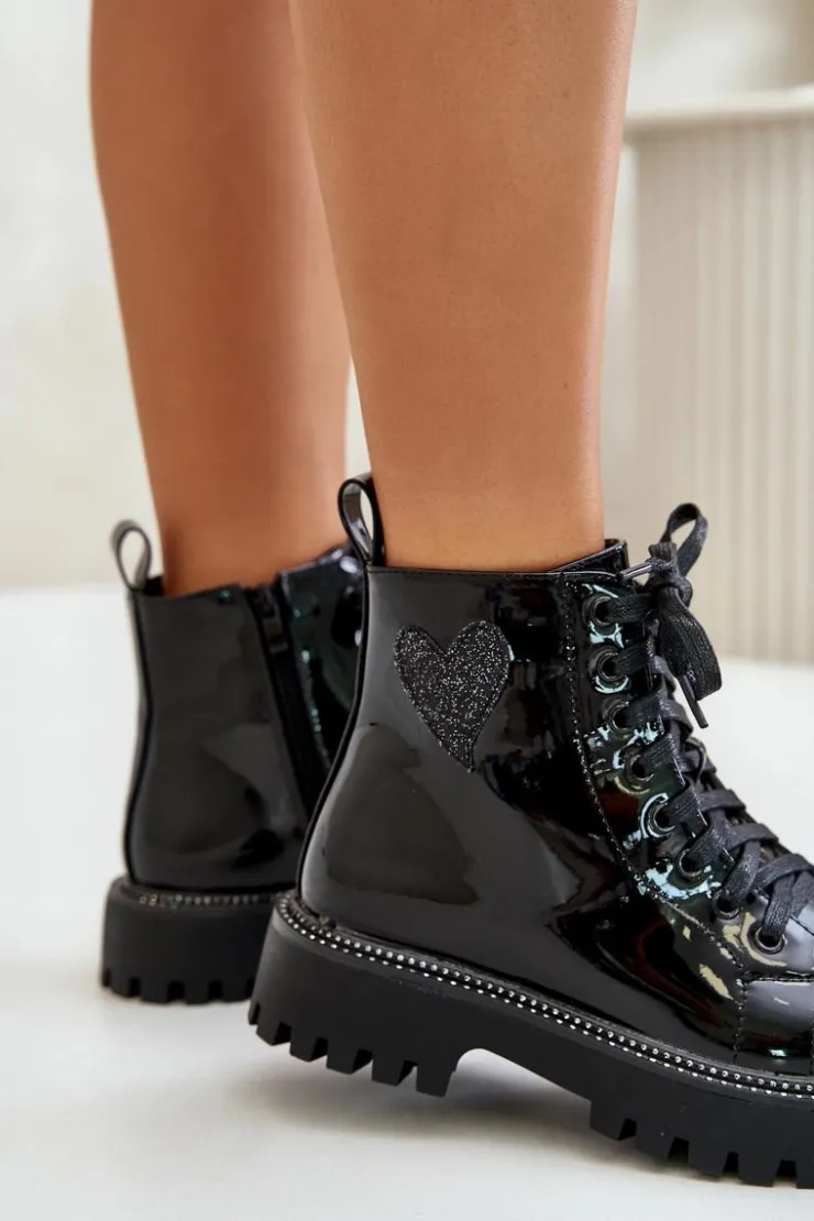 Online Boto Lakierowane Botki Damskie Na Zamek Z Ozdobnym Sercem Czarne Obeena