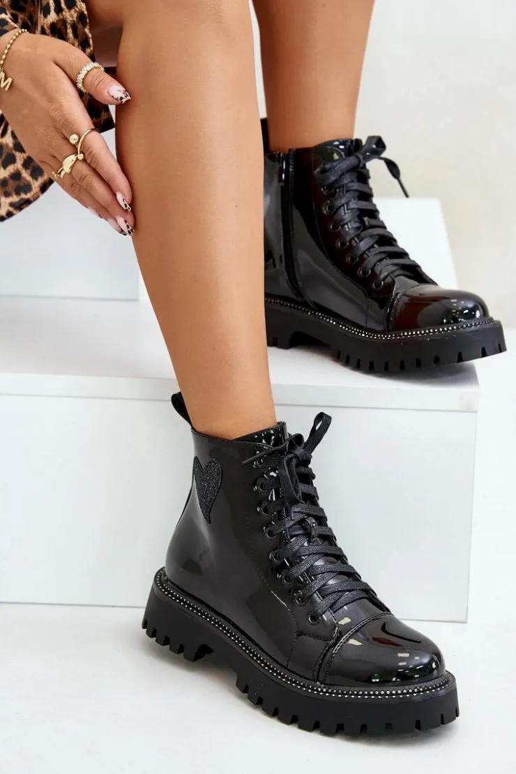 Online Boto Lakierowane Botki Damskie Na Zamek Z Ozdobnym Sercem Czarne Obeena