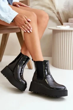 Boto Botki Ocieplane|Botki Na Koturnie*Lakierowane Botki Damskie Na Platformie I Koturnie Ocieplane Czarne Wloedia
