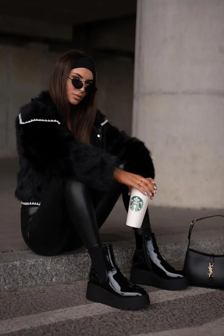 Boto Botki Ocieplane|Botki Na Koturnie*Lakierowane Botki Damskie Na Platformie I Koturnie Ocieplane Czarne Wloedia