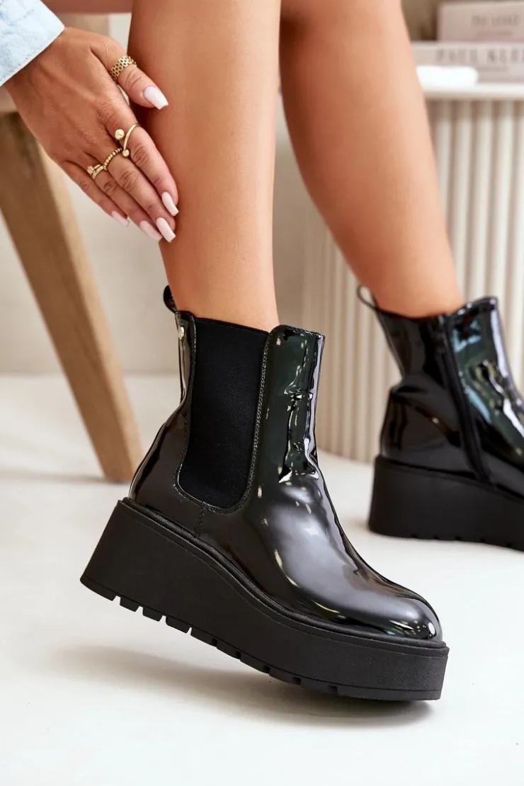 Boto Botki Ocieplane|Botki Na Koturnie*Lakierowane Botki Damskie Na Platformie I Koturnie Ocieplane Czarne Wloedia