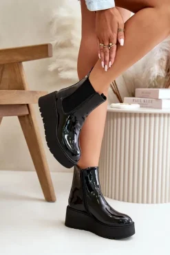 Boto Botki Ocieplane|Botki Na Koturnie*Lakierowane Botki Damskie Na Platformie I Koturnie Ocieplane Czarne Wloedia