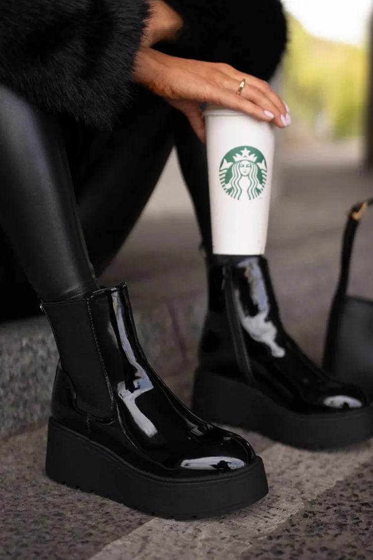 Boto Botki Ocieplane|Botki Na Koturnie*Lakierowane Botki Damskie Na Platformie I Koturnie Ocieplane Czarne Wloedia