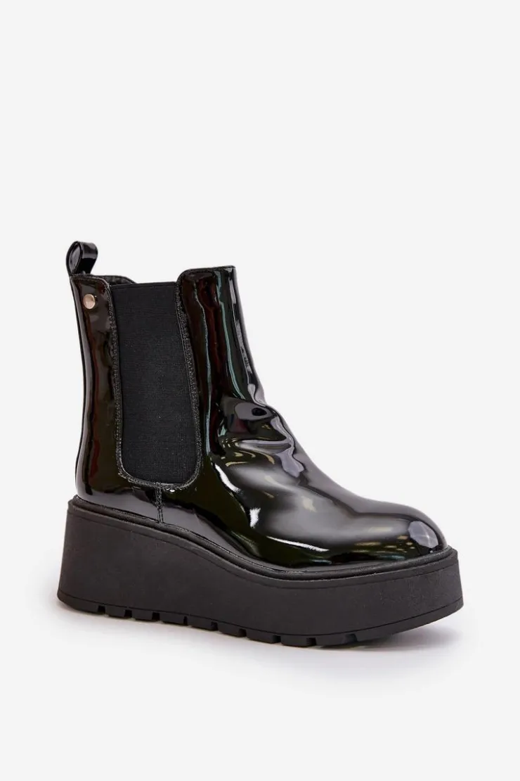 Boto Botki Ocieplane|Botki Na Koturnie*Lakierowane Botki Damskie Na Platformie I Koturnie Ocieplane Czarne Wloedia