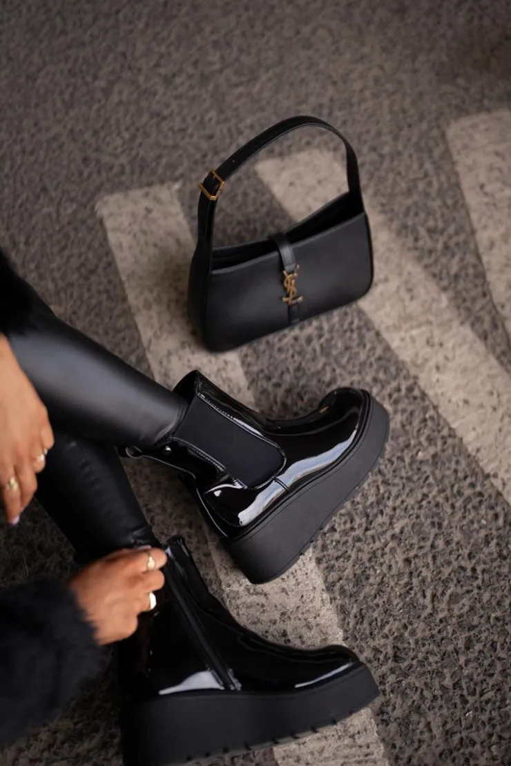 Boto Botki Ocieplane|Botki Na Koturnie*Lakierowane Botki Damskie Na Platformie I Koturnie Ocieplane Czarne Wloedia