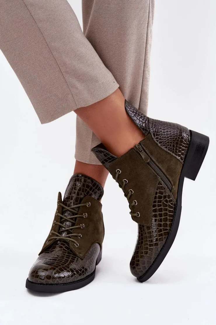 Buty damskie Vinceza Lakierowane Botki Damskie Z Ozdobnym Tłoczeniem Ocieplane Vinceza 16477 Ciemnozielone Zielony