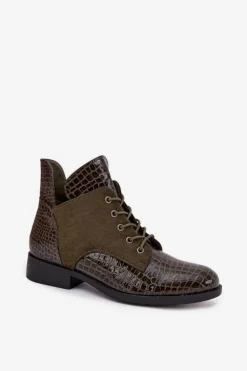 Buty damskie Vinceza Lakierowane Botki Damskie Z Ozdobnym Tłoczeniem Ocieplane Vinceza 16477 Ciemnozielone Zielony