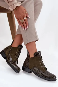 Buty damskie Vinceza Lakierowane Botki Damskie Z Ozdobnym Tłoczeniem Ocieplane Vinceza 16477 Ciemnozielone Zielony