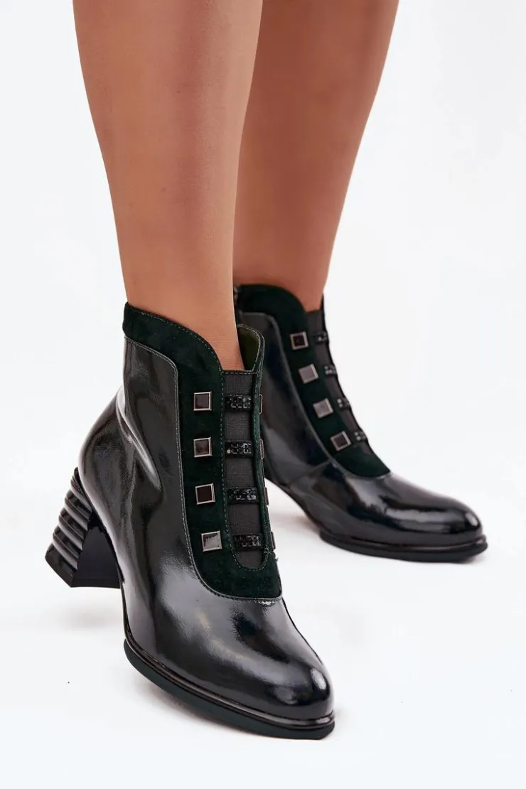 Damskie D&A Lakierowane Botki Damskie Z Naturalnej Skóry Na Słupku CR52-696 Ciemnozielone