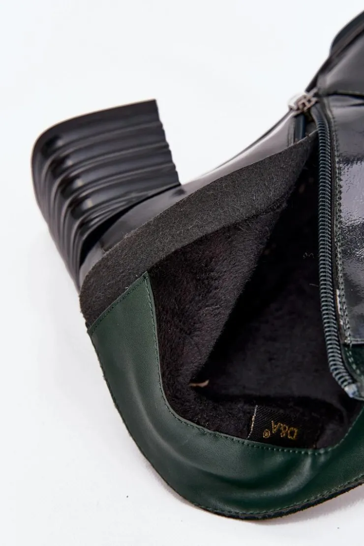 Damskie D&A Lakierowane Botki Damskie Z Naturalnej Skóry Na Słupku CR52-696 Ciemnozielone