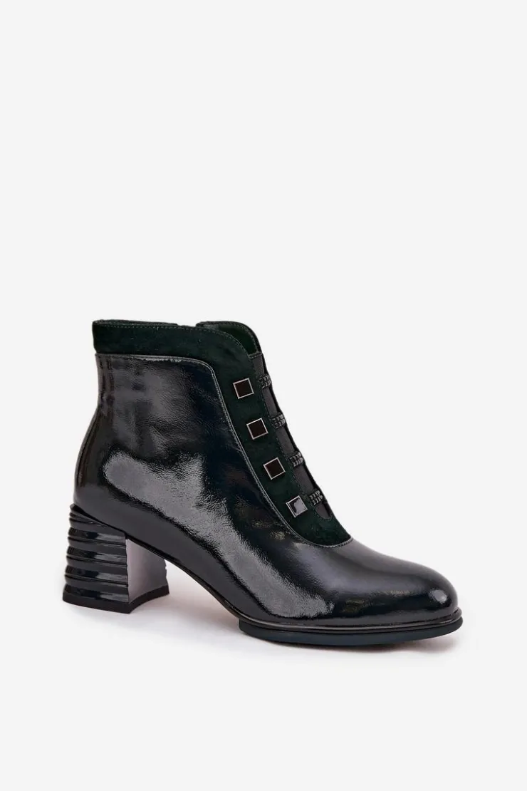 Damskie D&A Lakierowane Botki Damskie Z Naturalnej Skóry Na Słupku CR52-696 Ciemnozielone