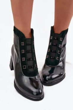 Damskie D&A Lakierowane Botki Damskie Z Naturalnej Skóry Na Słupku CR52-696 Ciemnozielone