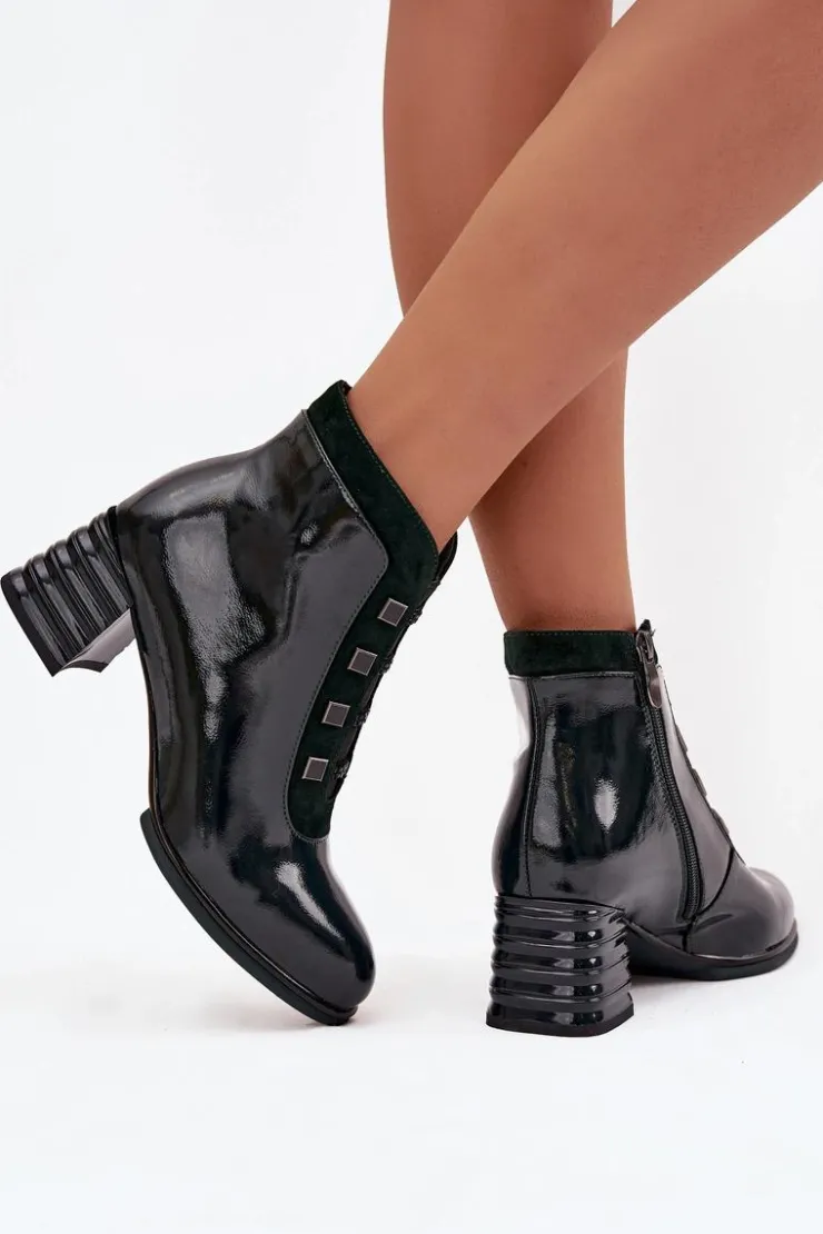 Damskie D&A Lakierowane Botki Damskie Z Naturalnej Skóry Na Słupku CR52-696 Ciemnozielone