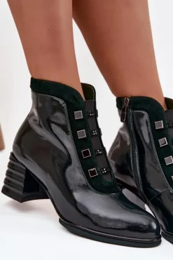 Damskie D&A Lakierowane Botki Damskie Z Naturalnej Skóry Na Słupku CR52-696 Ciemnozielone