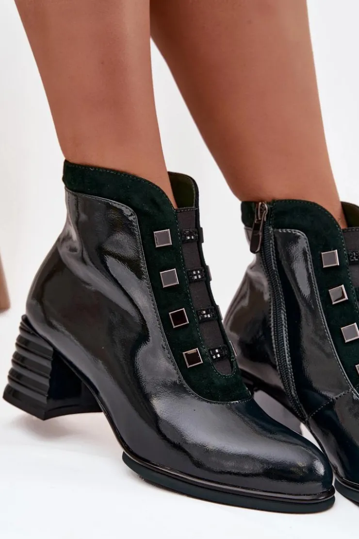 Damskie D&A Lakierowane Botki Damskie Z Naturalnej Skóry Na Słupku CR52-696 Ciemnozielone