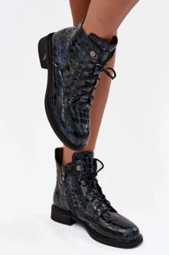 Online D&A Lakierowane Botki Damskie Z Naturalnej Skóry LZ52-962 Granatowe